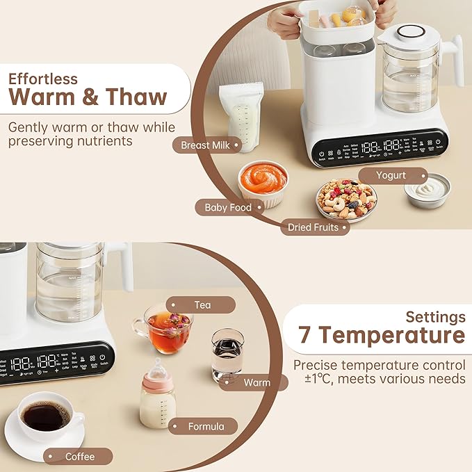 Baby Bottle Warmer, Steamer & Dryer, 16-in-1 Fast Milk Warmer with Timer for Breastmilk & Formula, 1.2L Electric Kettle with Accurate Temp Control, Thaw, Steri-lizing, Keep Warm, Heat Food