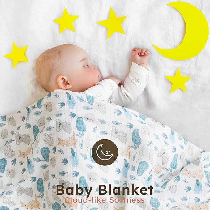 5 Pack Muslin Swaddle Blankets & Baby Burp Cloths, Soft & Breathable Cotton Baby Blankets, Receiving Blankets for Newborn Boy, Nursery Infant Essentials, Swaddling Wrap for Unisex (Blue & Teal)