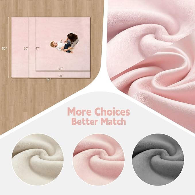 Velvet Baby Play Mat for Floor, 1.3" Thick Elasti-Foam 47"×47" Playpen Mat with Removable & Washable Velvet Cover for Toddler, Infant,Kids, Non-Slip Crawling Mat for Tummy Time (Pink)