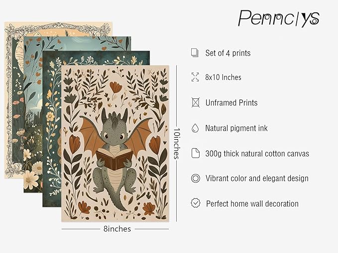 Nursery Fairy Dragon Wall Art Baby Room Reading Book Wall Decor Vintage Girl Dinosaur Canvas Prints Boy Whimsical Fantasy Poster Fairytale Princess Pictures Painting for Bedroom 8x10x4 Inch Unframed