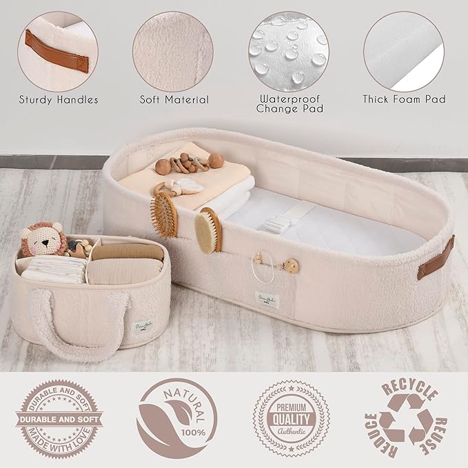 PeraBella Baby Changing Basket for Dresser Top, Baby Moses Basket for Newborn, Portable Diaper Changing Pad Table Topper for Dresser, Includes Diaper Caddy Organizer with Handle, Moses Bassinet Mat | Plush Exterior, Breathable Pad, Waterproof Layer, St...