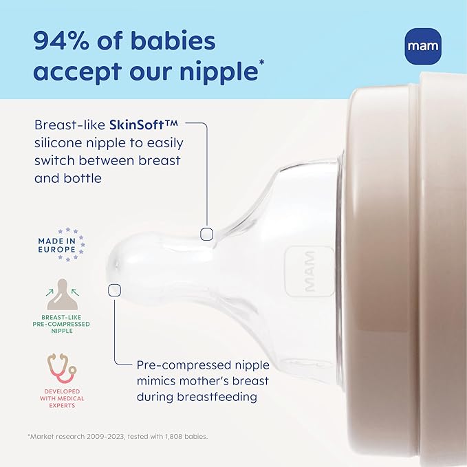 MAM 5oz Easy Start Anti-Colic Wide Neck Vented Baby Bottle, Slow Flow Breastfeeding-Like Nipple,Reduces Colic Gas & Reflux, Easy Clean, BPA Free,0+ Months, Made in Europe,Bonus Medium Flow Nipple