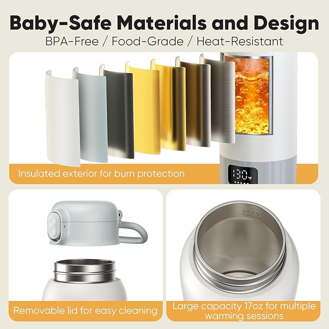 Portable Bottle Warmer for Travel, Fast Heating Milk Warmer On The Go, 17 OZ Water Warmer for Breast Milk, Formula, Water, Temp Control 98°F -131°F, Baby Essentials for Outdoor Airplane Car Journey