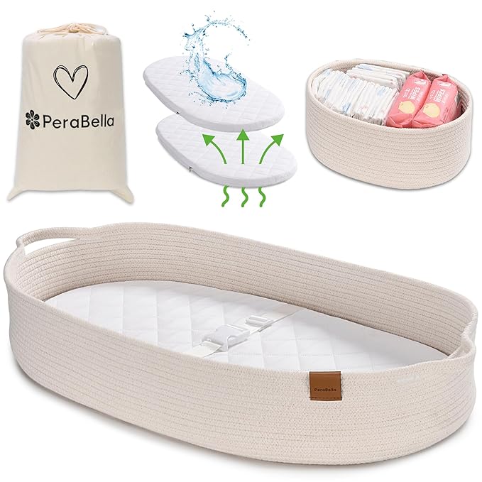 Baby Changing Basket for Baby Dresser, Moses Basket for Babies, Cotton Rope Diaper Changing Basket, Unisex Baby Moses Basket, Foam Diaper Changing Pad for Dresser, Changing Table Topper for Dresser