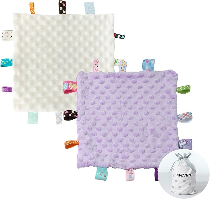 CREVENT Tag Security Blankets for Babies, Soft Small Loveys for Girls, Baby Comforter Sensory Blanket, Great Gifts for Birthday Baby Shower 10"X10" (Ivory + Purple)