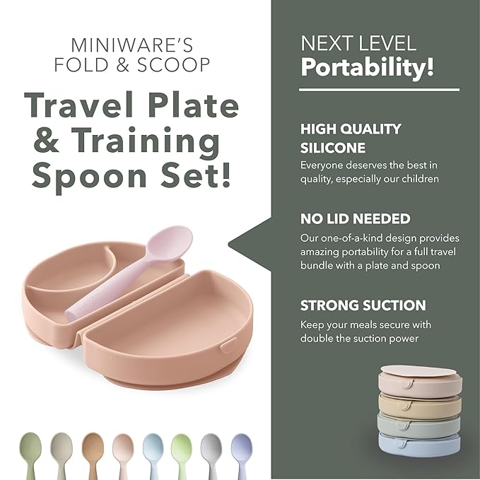 Miniware Fold & Scoop Baby Feeding Set - Silicone Travel Baby Plate With Suction & Baby Spoon - Compact, Portable, Dishwasher-Safe, Suction Base for Mess-Free Eating (Pink Salt and Cotton Candy)