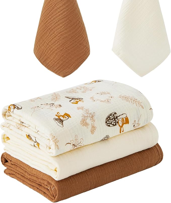 5 Pack Muslin Swaddle Blankets & Baby Burp Cloths, Soft & Breathable Cotton Baby Blankets, Receiving Blankets for Newborn, Nursery Infant Essentials, Swaddling Wrap for Unisex (Brown & Beige)