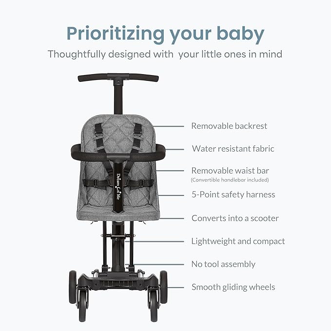 Dream On Me Coast Rider Travel Stroller, Lightweight & Compact Baby Stroller, Theme Park Approved, Book-Folding Design, Adjustable Handle, Soft-Ride Wheels, Converts to Rider & Scooter - Gray