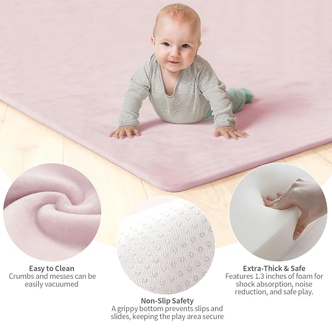 Velvet Baby Play Mat for Floor, 1.3" Thick Elasti-Foam 74"×50" Playpen Mat with Removable & Washable Velvet Cover for Toddler, Infant,Kids, Non-Slip Crawling Mat for Tummy Time (Pink)