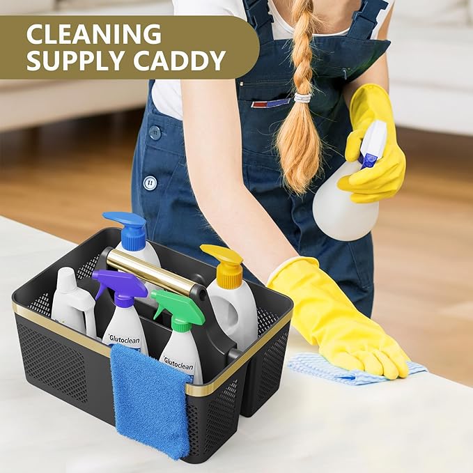 Shower Caddy Dorm Men: Plastic Bathroom Caddy Organizer with Handle and Holes, Bath Caddy for College Dorm, Portable Shower Basket Tote for Toiletry, Travel, GYM, Camp Essentials Black/Gold