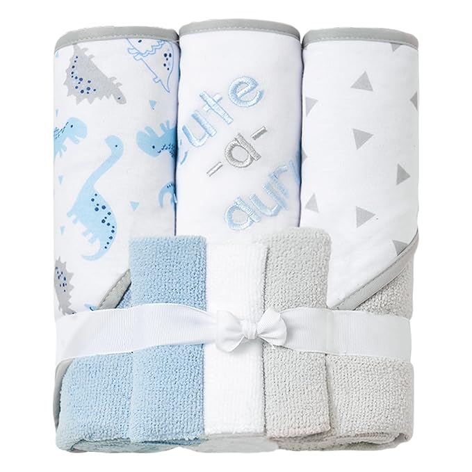 Viviland Baby Towels and Baby Wash Cloths Set Hooded Baby Towels Baby Wipes Absorbent Bath Face Towels Burp Cloths or Face Towels for Girl Boy 6-Pack Size 28 x 28 Inch(Dinosaur)