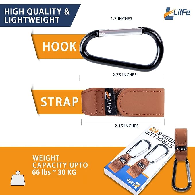 2 Pcs Brown Baby Stroller Hooks for Hanging | Multipurpose Stroller Straps with Durable and Stylish Stroller Clips for Diaper Bags | The Perfect Mummy Hook for Pram, Wheelchair, Shopping and Pet Carts