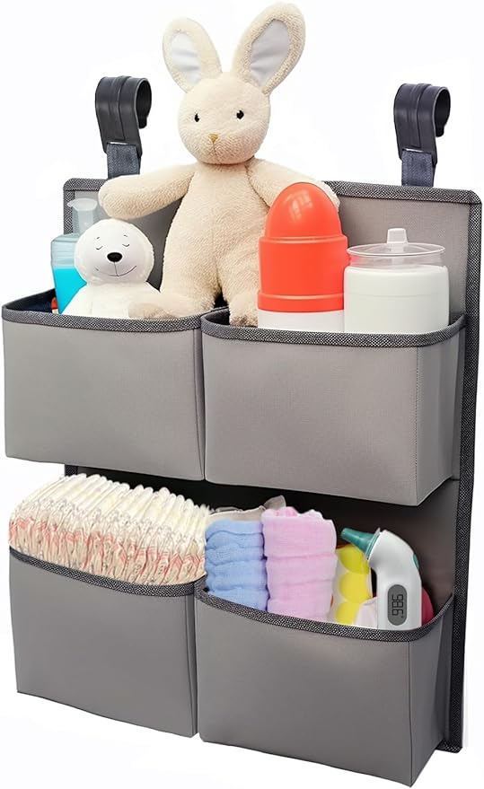Hanging Diaper Organizer for Crib/Playpen/Bassinet – Hold 80+ Diapers - 4 Deep Pockets-H19in x L15 in Changing Table Diaper Holder - Hanging Diaper Stacker Nursery Caddy Organizer - Grey