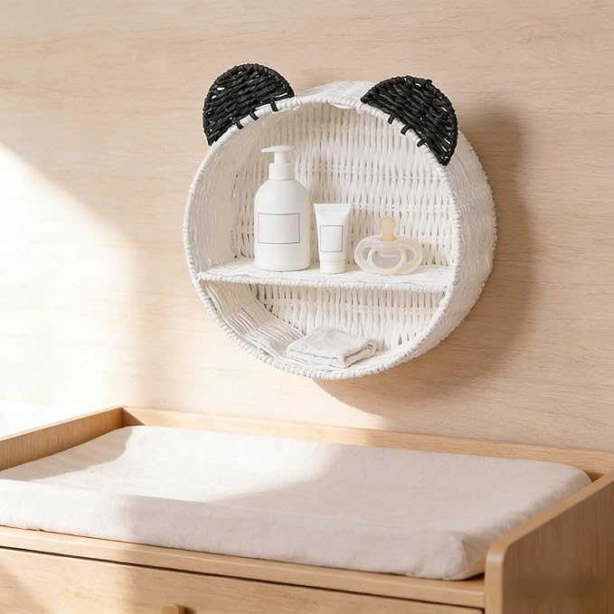 White & Black Bear Wall Shelf, Handwoven Paper Rope Wall-Mounted Floating Display Shelf, Boho Nursery & Kids Room Organizer for Small Books, Toys & Decor