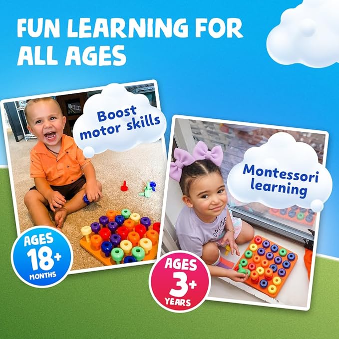 Skoolzy Peg Board Set - Montessori Toys for 2 Year Old - 33 Pc Peg Board for Kids - Occupational Therapy Toys with Pegs, Dice, Lacing String & Storage Bag - Montessori Toys for 2+ Year Old