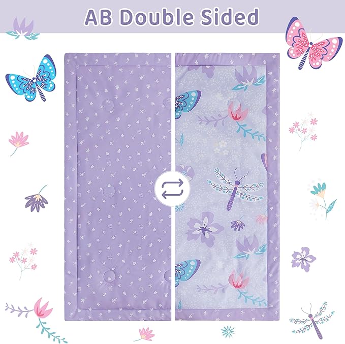 3 Piece Baby Crib Bedding Set, Infant Nursery Bed Set Decor with Quilt + Fitted Crib Sheet + Skirt, Baby Bedding Set Breathable and Soft for Baby Boy and Girl - Purple Butterfly