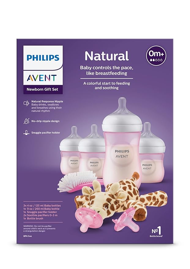 Philips Avent Natural Baby Bottle with Natural Response Nipple, Pink Baby Gift Set with Snuggle, SCD838/03 (Pack of 2)