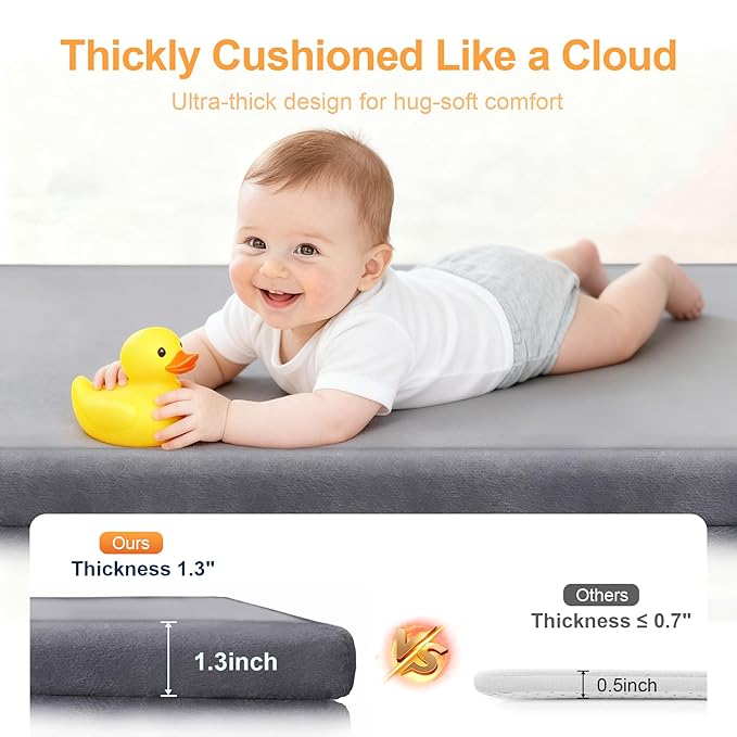 Ultra Soft Baby Play Mat for Floor, 59"×39" Playpen Mat, 1.3" Thick Memory Foam, Non-Slip Tummy Time Mat for Infants, Toddlers, and Kids – Water-Repellent Coral Velvet, Easy Care