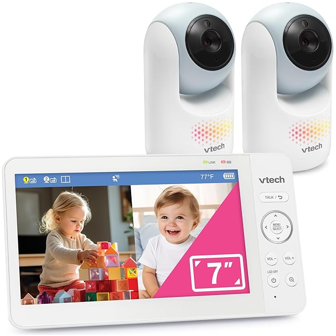 VTech 2-Cameras Video Baby Monitor with 7" Color LCD Screen, Rechargeable Battery, Video and Audio Streaming, Pan-Tilt-Zoom, Touch Multi-Color Night Light, Two-Way Talk: Advanced Max Twin (Blue)