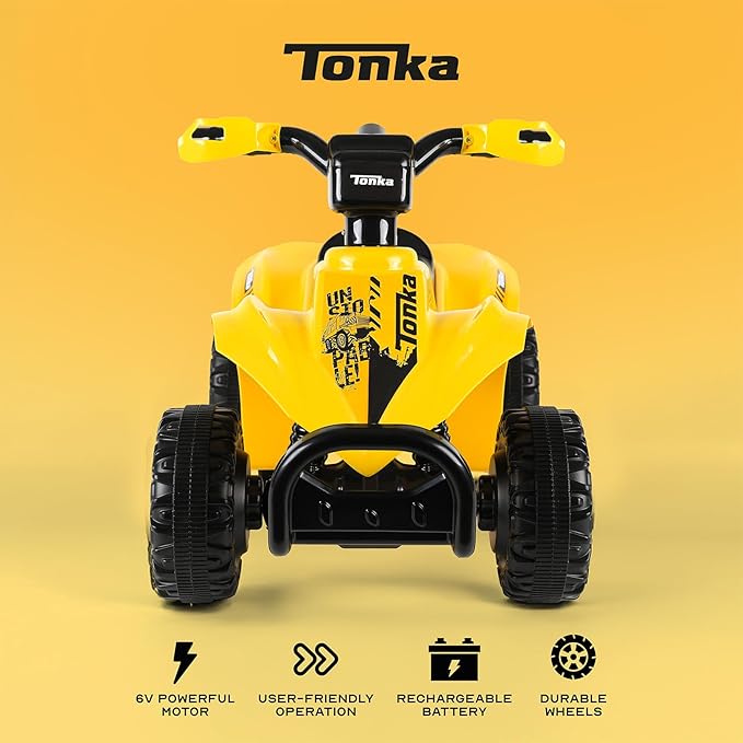 Tonka - 6V ATV Quad for Kids, Powerful and Safe Ride-On Toy with Rechargeable Battery, Forward and Reverse Driving, Max Weight Capacity of 55 LBS, Ages 2-3 Years