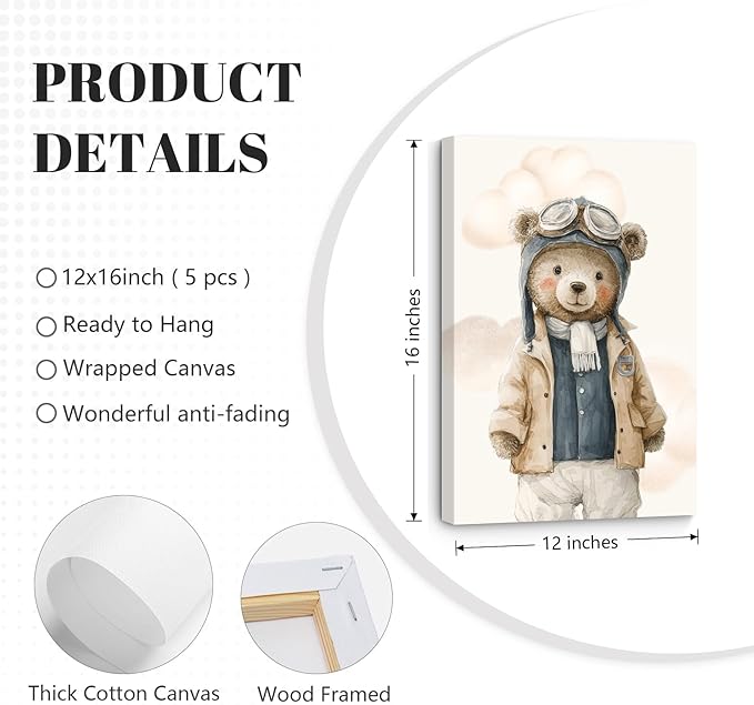 Teddy Bear Nursery Wall Art Decor Vintage Boy Room Pictures Baby Boy Nursery Canvas Wall Decor Blue Vintage Airplane Poster Kids Travel Aviation Prints for Playroom Bedroom 12x16x5 Inch Wrapped Canvas