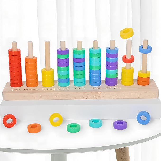 Wooden Color Sorting Stacking Toys, Montessori Toys Rainbow Rings Game, Wooden Sorting & Stacking Toys for Toddlers, Color Recognition Sensory Toy Educational for Ages 3 and Up Boys Girls Gift