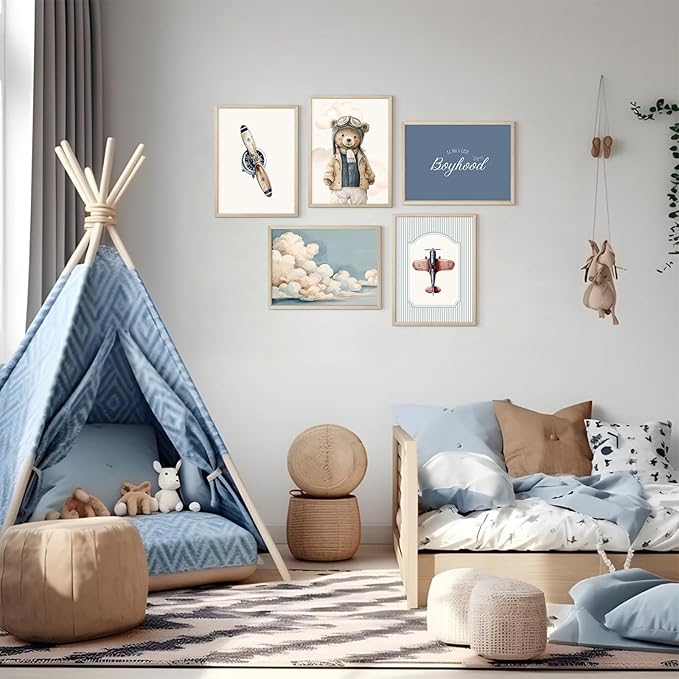 Teddy Bear Nursery Wall Art Decor Vintage Boy Room Pictures Baby Boy Nursery Canvas Wall Decor Blue Vintage Airplane Poster Kids Travel Aviation Prints for Playroom Bedroom 8x10x5 Inch Wood Framed