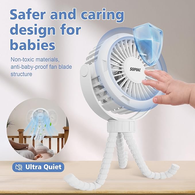 Mini Portable Baby Stroller Fan,3 Speed Personal Handheld Fan,Battery Operated Rechargeable 360° Flexible Tripod Cooling Fan, Suitable for Car Seat Crib Treadmill Golf Cart Travel(Green)
