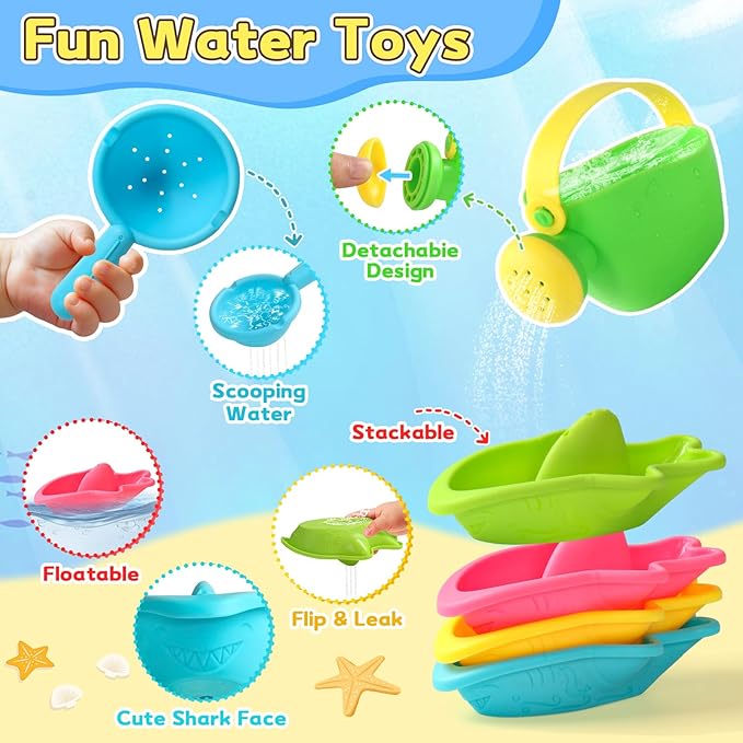 Baby Bath Toys for Kids Ages 1-3 Toddler Bath Toys Mold Free Bathtub Toys for 12+ Months Pool Water Table Beach Sand Toys Stacking Cups Floating Boats for 1+ Years Old Girls Boys Gifts 13 PCS