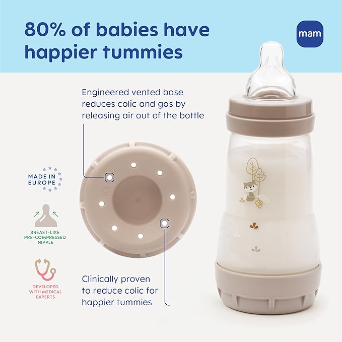 MAM 5oz Easy Start Anti-Colic Wide Neck Vented Baby Bottle, Slow Flow Breastfeeding-Like Nipple,Reduces Colic Gas & Reflux, Easy Clean, BPA Free,0+ Months, Made in Europe,Bonus Medium Flow Nipple