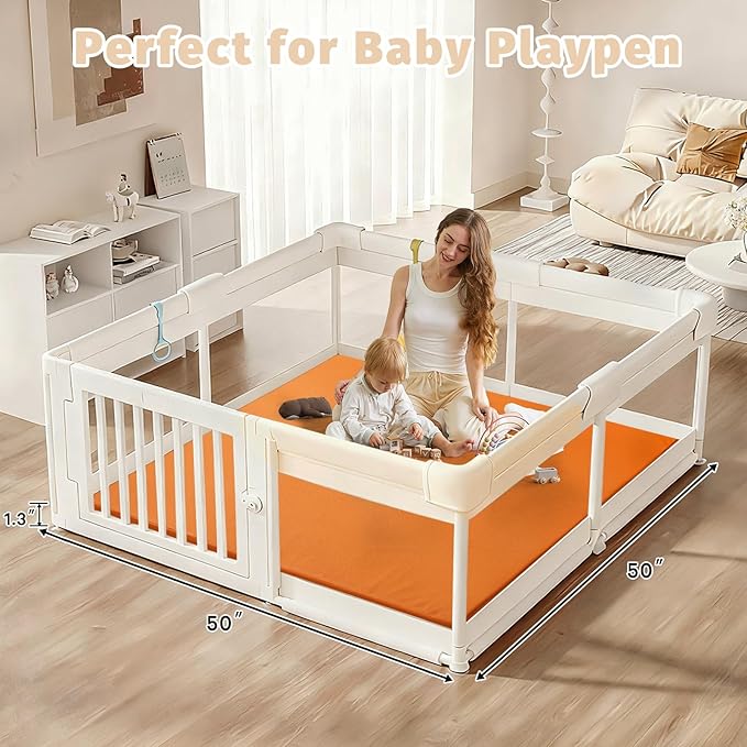 Waterproof Baby Play Mat for Floor 1.3"Thick Memory Foam 50*50 Cushion Playpen Playmat Tummy Time Crawling Mat Nursery Rug Pad Mattress Create Soft & Safe Area for Infants,Toddler,Kid,Orange