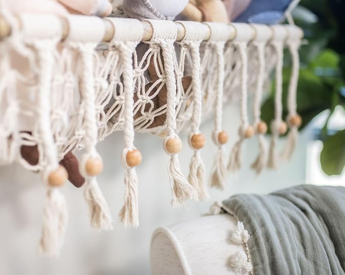 Crane Baby Macrame Hanging Storage Bin for Nursery, Boho Baby Decor, Baby Toy Hanging Basket Wall Storage, Bohemian Macrame Nursery Decor, 16" W X 22" H