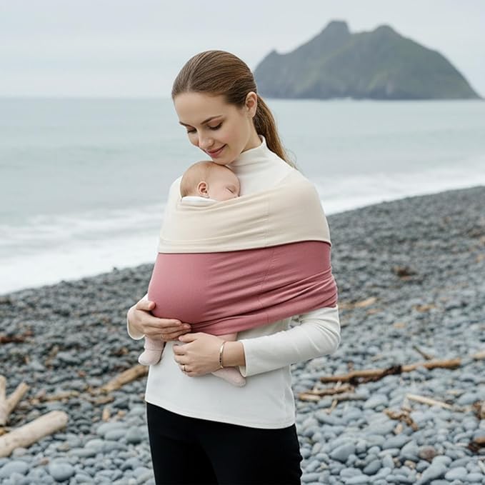 Baby Wrap Carrier, Lightweight Baby Wearing Wraps for Newborn and Infant, Soft Swaddle Holder Carrier, Cozy Baby Sling 7-35 lbs Cream+Pink
