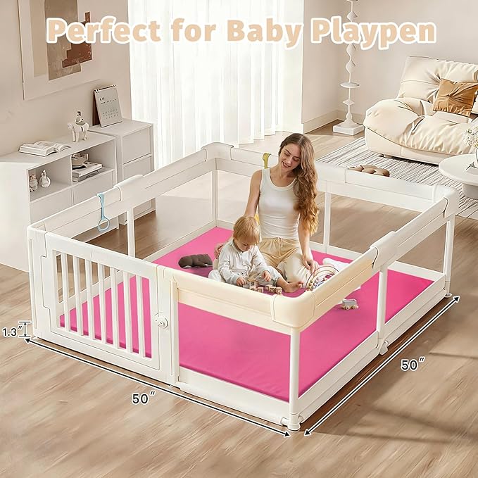 Waterproof Baby Play Mat for Floor 1.3" Thick Memory Foam 50 * 50 Cushion Playpen Playmat Tummy Time Nursery Rug Pad Mattress Create Soft & Safe Area for Infants,Toddler,Kids,Hot Pink