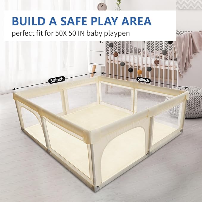 Ultra Soft Baby Play Mat for Floor,1.3" Thick Elasti-Foam 50x50 Playpen Mat for Toddlers Infant kids,Non-Slip Backing Safe for Crawling&Tummy Time,Tatami Style (Vanilla)