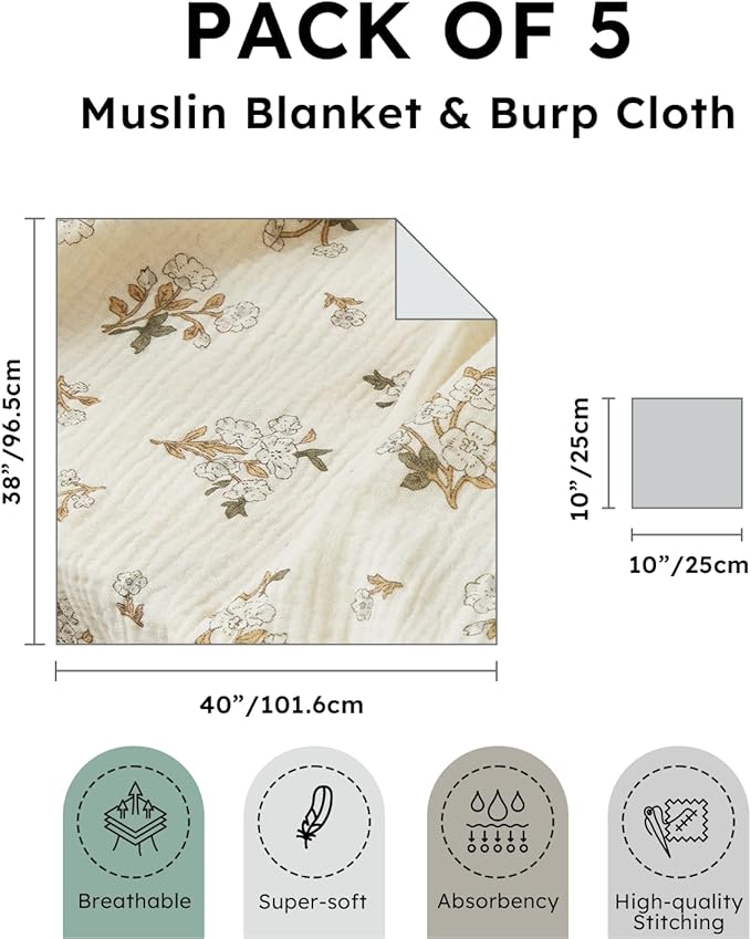 5 Pack Muslin Swaddle Blankets & Baby Burp Cloths, Soft & Breathable Cotton Baby Blankets, Receiving Blankets for Newborn, Nursery Infant Essentials, Swaddling Wrap for Unisex (Sage Green & White)