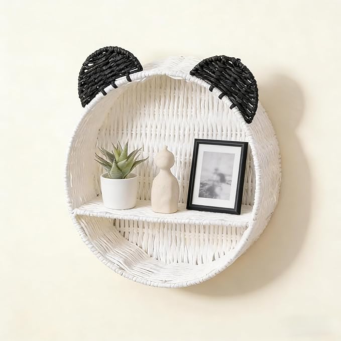 White & Black Bear Wall Shelf, Handwoven Paper Rope Wall-Mounted Floating Display Shelf, Boho Nursery & Kids Room Organizer for Small Books, Toys & Decor