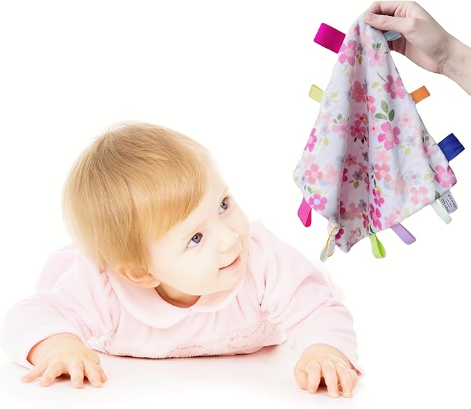 CREVENT Tag Security Blankets for Babies, Soft Small Loveys for Girls, Baby Comforter Sensory Blanket, Great Gifts for Birthday Baby Shower 10"X10" (Wildflow)