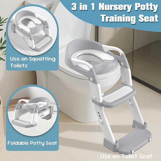 Potty Training Seat, Toddler Potty Training Toilet with Step Stool Ladder for Kids Boys Girls, 3 in 1 Foldable Toilet Seat Potty Chair with Urinals, Splash Guard, Handles, Anti-Slip Pad,Grey