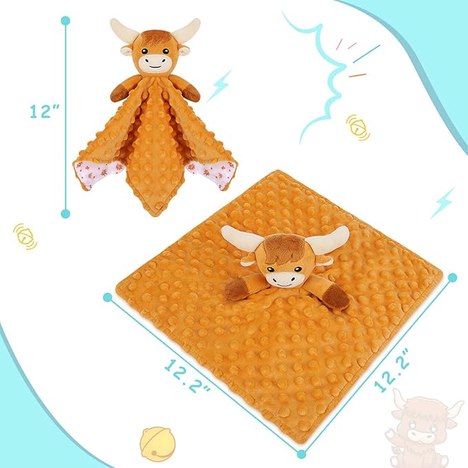 Loveys for Babies,Soft Baby Security Blanket for Newborn Infant Toddler Snuggle Toy Stuffed Animal,Lovey Highland Cow Security Blankets Baby Unisex for Gifts(Highland Cow,12.2in)