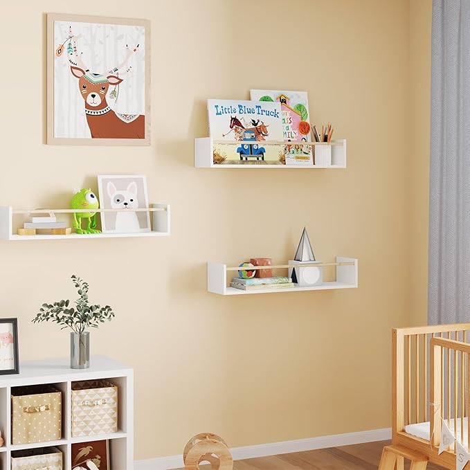 Fixwal Nursery Bookshelves, 16.5 Inch Floating Shelves for Wall Set of 3, Kids Bookshelf for Bedroom, Baby Nursery Decor (White and Natural)