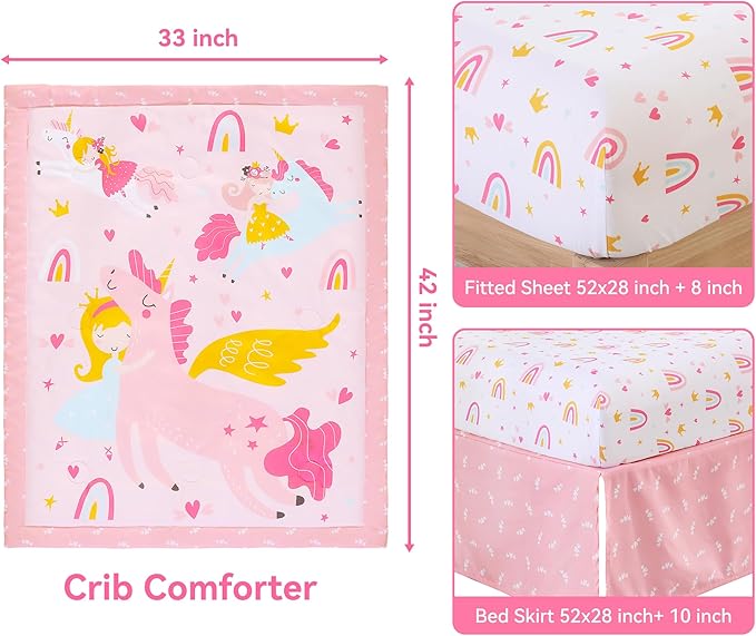 Crib Bedding Set for Boys Girls, 3 Piece Baby Bedding Sets Nursery Crib Sets Newborn & Infant & Toddler, Crib Set Include Quilted Comforter + Crib Skirt + Fitted Sheet - White Unicorn