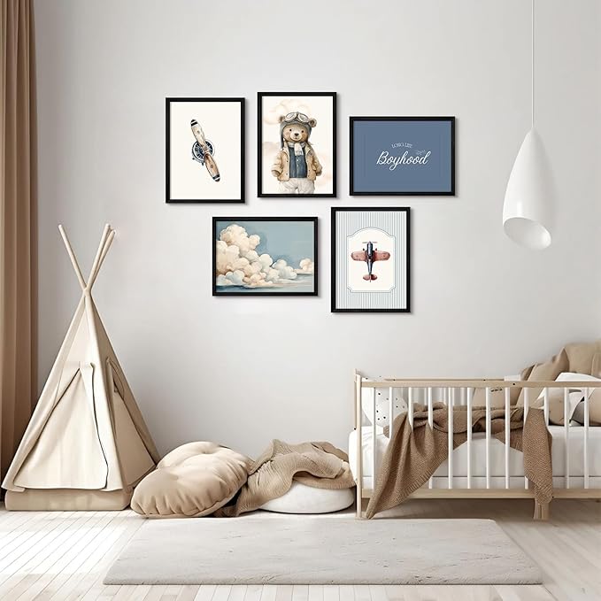 Teddy Bear Nursery Wall Art Decor Vintage Boy Room Pictures Baby Boy Nursery Canvas Wall Decor Blue Vintage Airplane Poster Kids Travel Aviation Prints for Playroom Bedroom 8x10x5 Inch Framed