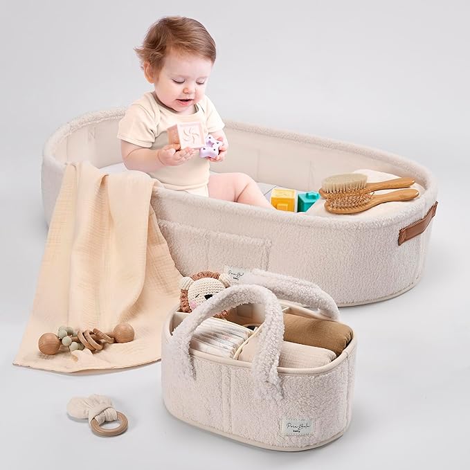 PeraBella Baby Changing Basket for Dresser Top, Baby Moses Basket for Newborn, Portable Diaper Changing Pad Table Topper for Dresser, Includes Diaper Caddy Organizer with Handle, Moses Bassinet Mat | Plush Exterior, Breathable Pad, Waterproof Layer, St...