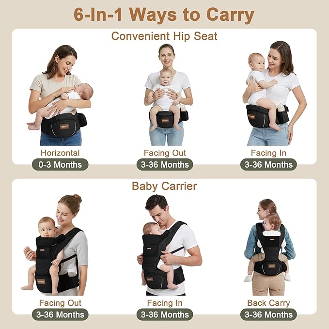 Baby Carrier with Hip Seat, 6-in-1 Baby Carrier Newborn to Toddler, Forward-Facing Carry for Active Babies, Adjustable Detachable Infant Carrier, Hands-Free Baby Holder (Black)