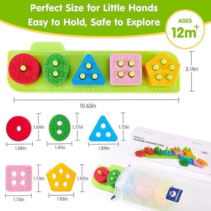 hahaland Silicone Blocks for Toddlers 1-3 - Montessori Toys for 1 Year Old Sensory Toys, Color Sorting and Stacking Toy Soft Textured Educational Learning Toddler Baby Toys 1 Year Old Boy Girl Gifts