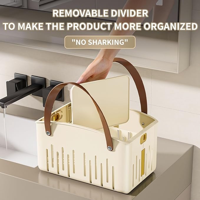Portable Shower Caddy,Foldable Shower Caddy with Handle and Adjustable Divider,Plastic Shower Storage Basket,Quick Dry Bathroom Shower Organizer Bin for College,Dorm Room,Travel Essentials(Cream)