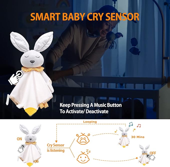 BEREST Rechargeable Baby Sleep Soother Bunny Lovey- White Noise| Heartbeat| Shushing| Lullaby Infant Sleeping Aid with Cry Sensor at Nap Time Routine, Newborn Gifts Plush Toddler Snuggle Blanket Toy