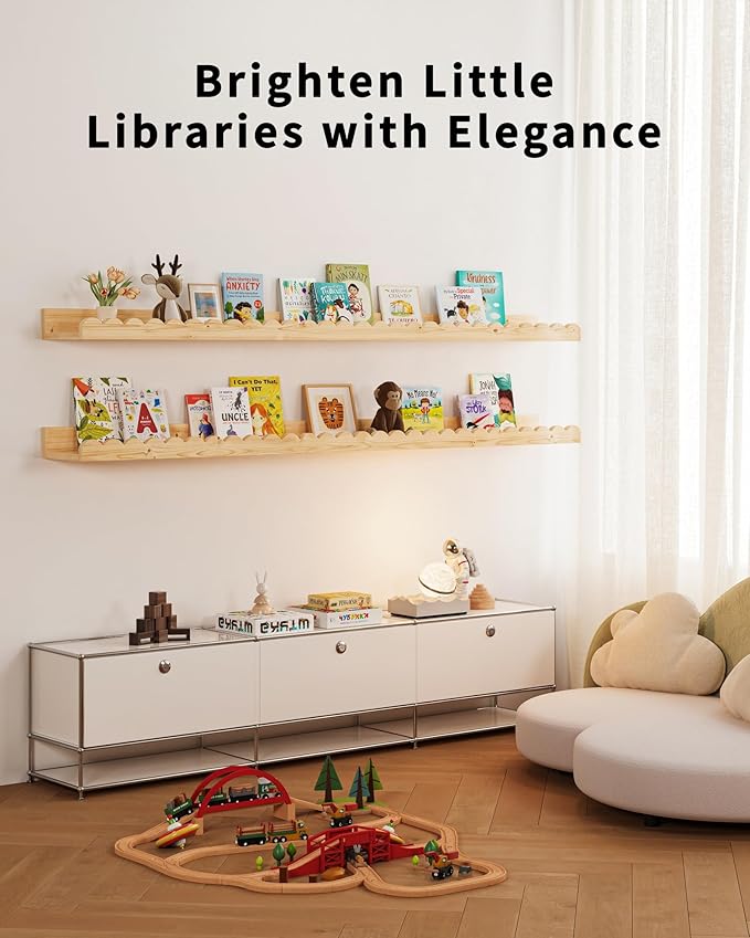 Shario Nursery Book Shelves, 4-Pack White Floating Shelves for Wall Kids, Scalloped Shelves, Wall Book Shelves for Bedroom Kids, Toddler Room, Baby Room, Nursery Decor (Wood, 47.2 Inches)