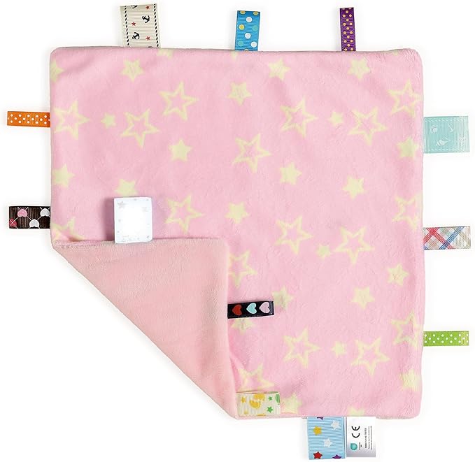 CREVENT Tag Security Blankets for Babies, Soft Small Loveys for Boys, Baby Comforter Sensory Blanket, Great Gifts for Birthday Baby Shower - 10"X10" Pink Star + Blue Star + Ivory + Purple